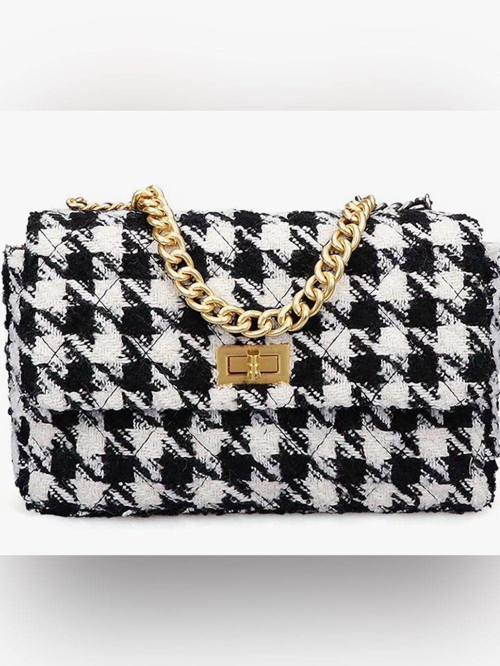 Houndstooth Tweed Chain Shoulder Bag - Black & White